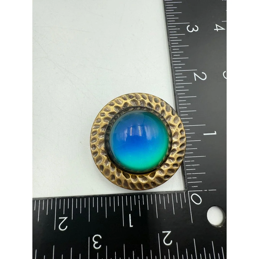 Vintage Style Mood Ring‎ L Blue Green Color Change Hammered Brass Stretch Band